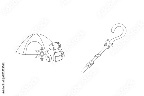Tent backpack and snowflake with walking stick camping