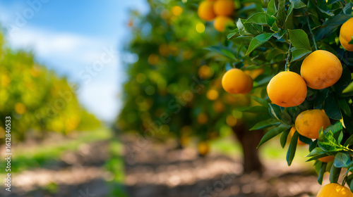 Sunny orange orchard with ripe citrus fruits hanging on trees.
