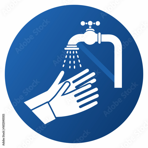 
a blue circle with a white hand and a faucet