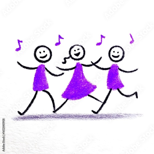 Three happy stick figures dancing joyfully to music with purple dresses and musical notes floating around them