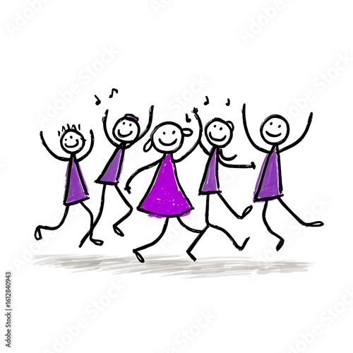 Joyful stick figure children dancing and singing together with musical notes floating above them