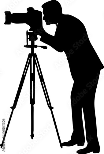 Photographer Framing a Shot Through Tripod Camera in Clean Silhouette