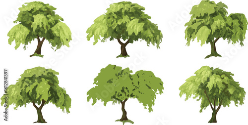 A vibrant collection of green trees illustrates a natural forest environment with lush foliage and individual leaves on branches