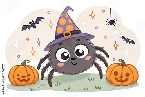 Cute Halloween Spider in Witch Hat with Pumpkins Illustration