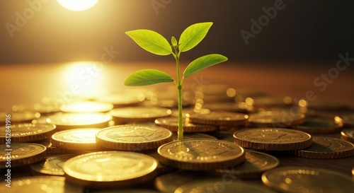Green plant growing from coins financial growth concept.