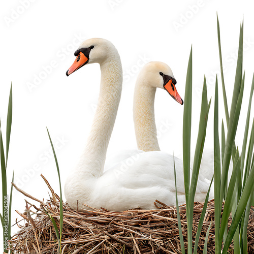 Two white swans in a nest with tall green grass and reeds on transparent background
