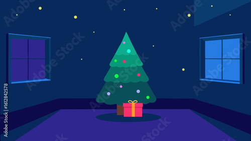 nighttime room glowing christmas tree warm festive light