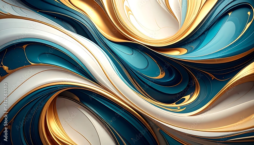 Obraz premium Abstract swirling pattern of teal, white, and gold paint