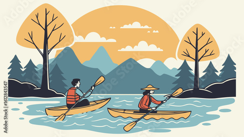 Vector Scene of Friends Kayaking on Calm Blue Waters Under a Clear Sky

