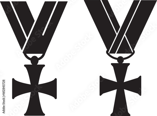 Two military cross medals with ribbons silhouette