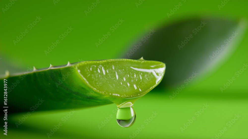 Fototapeta premium A cut aloe vera leaf with a clear drop of gel dripping from it, set against a vibrant green background. 