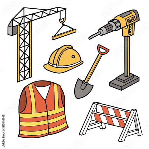 Yellow hard hat orange safety vest shovel drill crane and barrier construction equipment