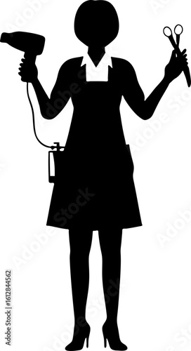 Female Hairstylist Holding Dryer and Scissors in Apron Silhouette
