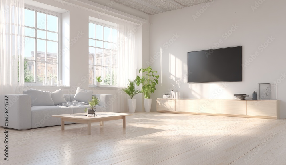 Fototapeta premium Bright, minimalist living room with large windows