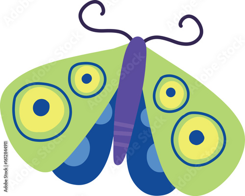 Colorful cartoon butterfly with large eyes and whimsical antennae