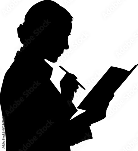 Profile of Person Studying Document with Pen in Thoughtful Pose Silhouette