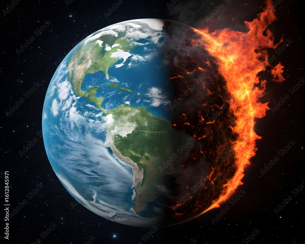 Obraz premium Earth Divided Between Natural Beauty and Global Warming Fire