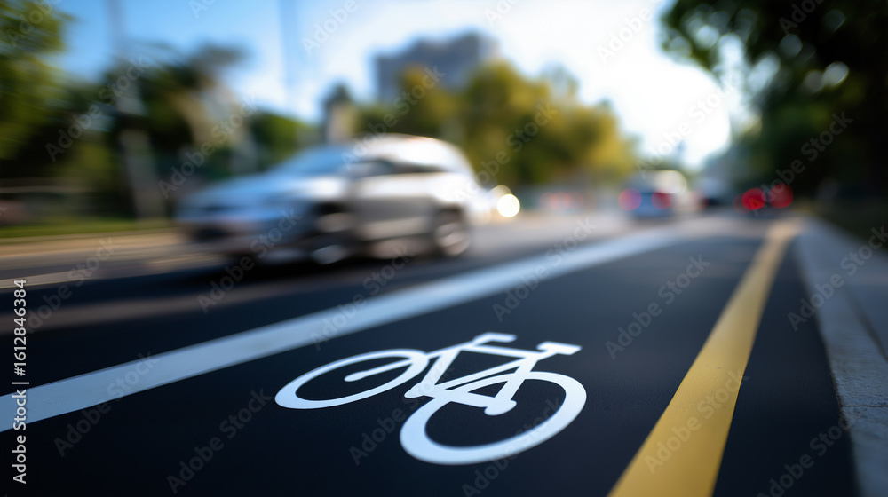 Obraz premium A bicycle lane symbol painted on asphalt, with blurred cars and trees in the background, suggesting urban mobility. 