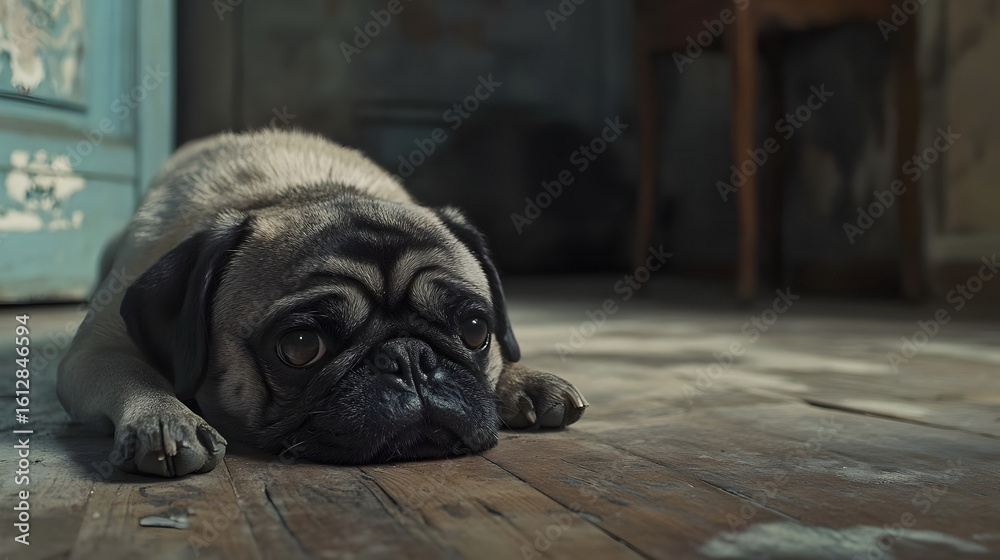 Obraz premium Pug Dog Lying Floor Sad Expression Home Interior