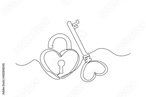 Vintage key house with padlock in continuous one line drawing. Single line art illustration of romantic key love.