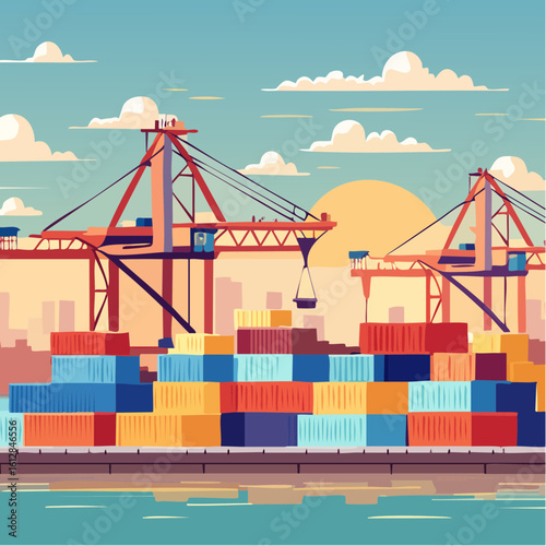 busy seaport terminal with cranes loading cargo
