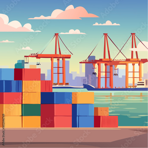busy seaport terminal with cranes loading cargo