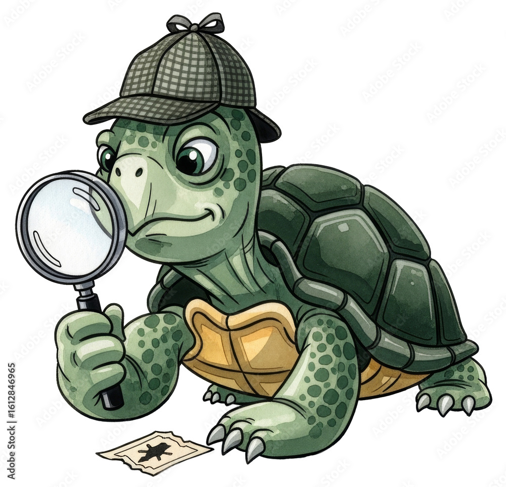 Fototapeta premium a funny cartoon green lturtle playing detective, watercolour painting
