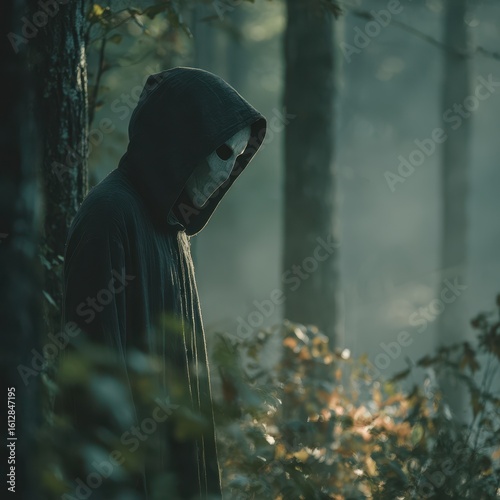 A mysterious figure cloaked in dark robes and a blank white mask stands silently in a misty forest, the ethereal light illuminating the scene with an eerie and haunting atmosphere.