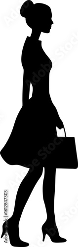 Vintage Profile Woman in Fit?and?Flare Dress with Handbag Walking in Silhouette