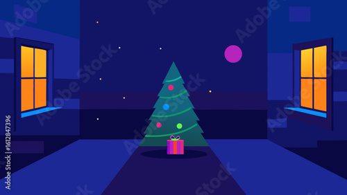 nighttime room glowing christmas tree warm festive light