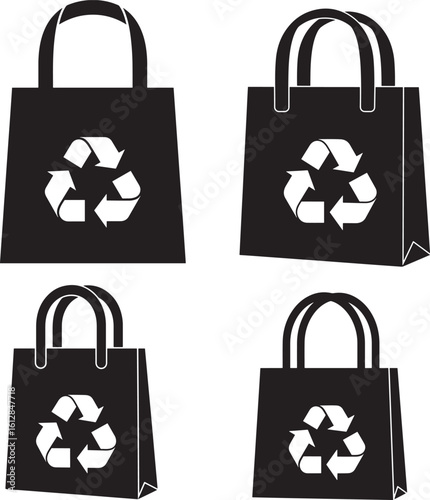 Four black shopping bags with recycle symbol silhouette