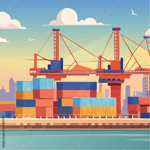 busy seaport terminal with cranes loading cargo