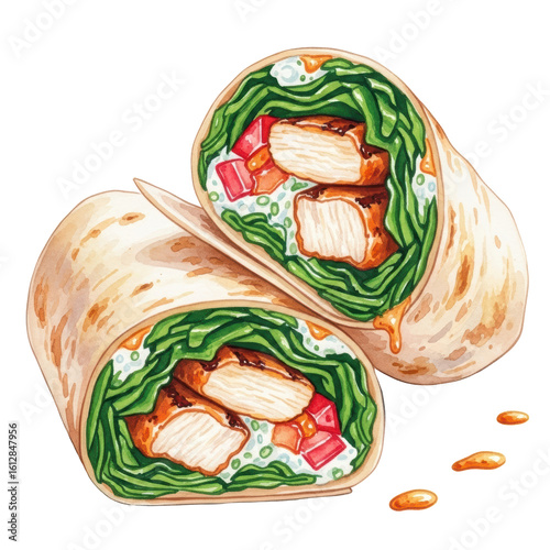 A vibrant watercolor illustration of a delicious chicken wrap, cut in half to reveal grilled chicken, fresh lettuce, and red peppers, perfect for menus or food designs.