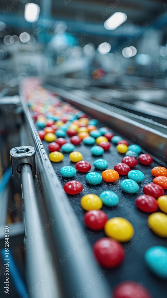 Naklejka premium Colorful candies move along a conveyor belt in a factory during production process
