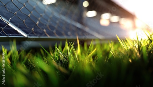 Solar panels behind a chain-link fence, viewed from ground level with lush green grass in the foreground, bathed in the warm glow of sunlight. Soft focus and shallow depth of field