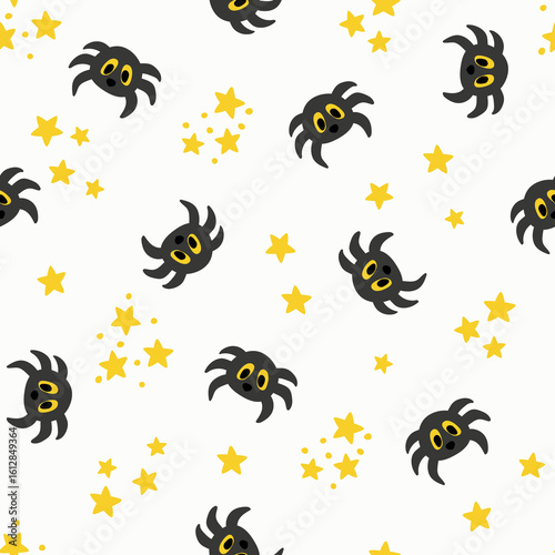 Playful Spider and Star Cartoon Pattern. Design for fabric, textile, wallpaper, packaging
