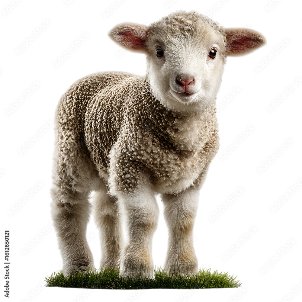Fototapeta premium A fluffy baby lamb stands on green grass, isolated on a transparent background on transparent background