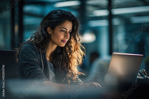 Focused young professional it specialist latin hispanic business working on laptop pc sitting at desk in modern office. Middle eastern indian woman using computer technology app for work. Copy space