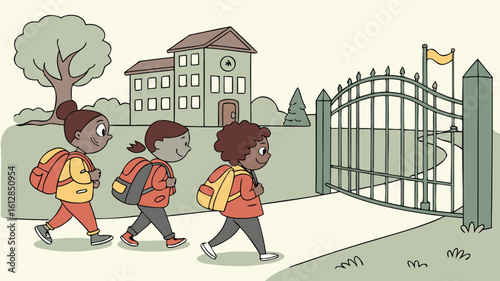 Children arriving at school with backpacks