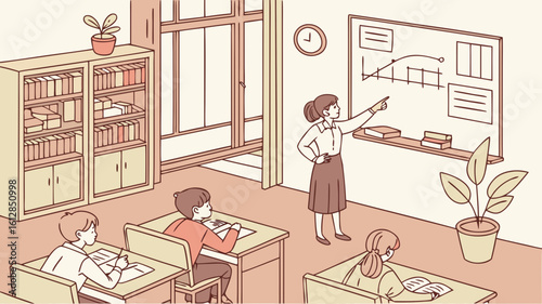 Classroom learning scene with teacher and students