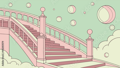 Illustration of pink staircase bridge to heaven with clouds and bubbles dreamy pastel aesthetic art style