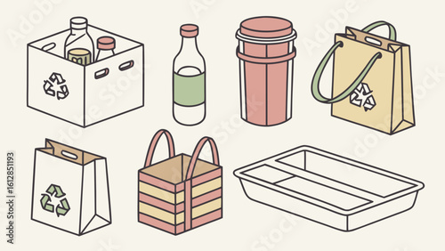Vector pack of takeaway food packaging including paper bags, boxes, and drink cups.

