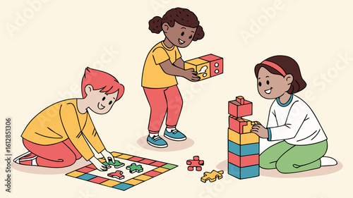 Vector of children engaged in play-based learning using blocks, puzzles, and shapes.

