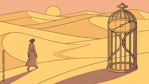 Desert journey escape time concept illustration sand dunes woman walking surreal landscape art design