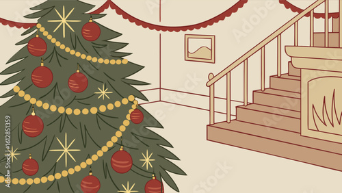 Christmas tree holiday decoration with ornaments and fireplace for cozy home winter season scene