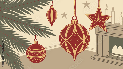 Vintage christmas ornaments hanging by fireplace for holiday season celebration vector illustration