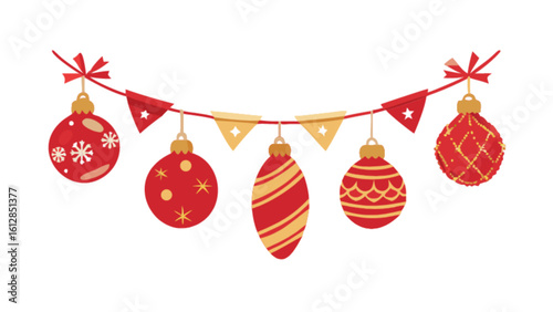 Christmas holiday decoration garland with red and gold ornaments for festive season celebration design