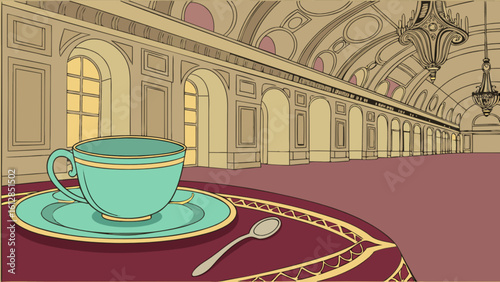 Teacup and saucer in grand hall drawing illustration for tea time and elegant design projects and concepts