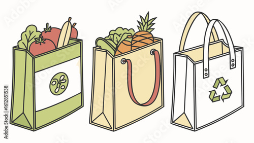 Flat style vector of cotton shopping bags with vegetables, reusable jars, and glass containers.

