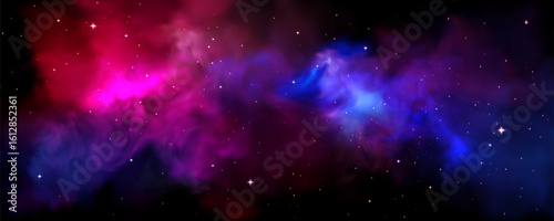 Cosmic space nebula with vibrant colors - purple, pink and blue stellar clouds, glowing stars scattered across galaxy, planet atmosphere background for astronomy or universe exploration design.